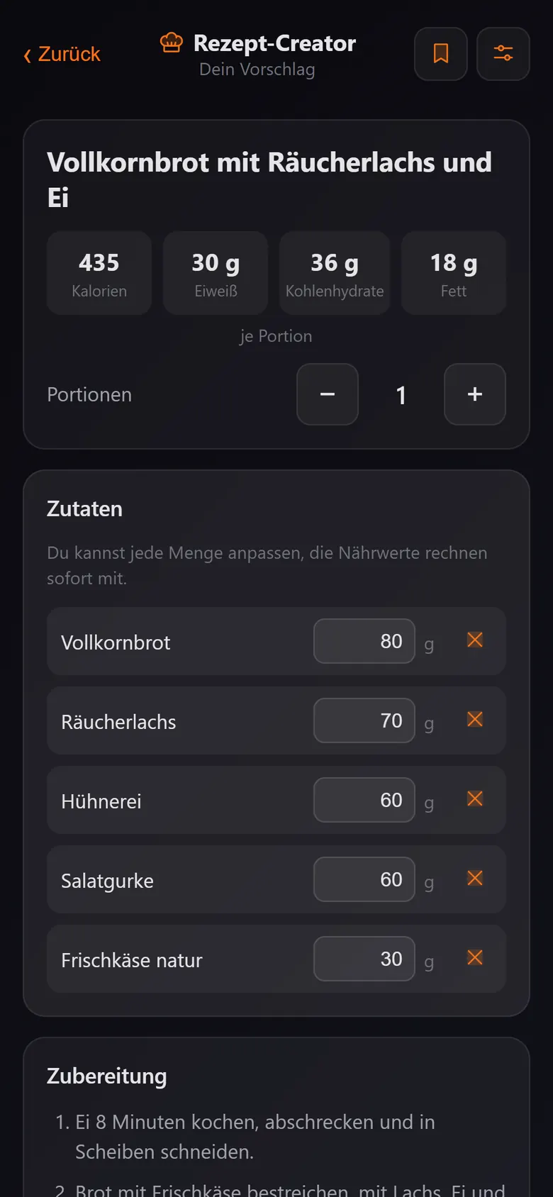 Rezept-Creator mit Vorschlag passend zum Tagesbudget