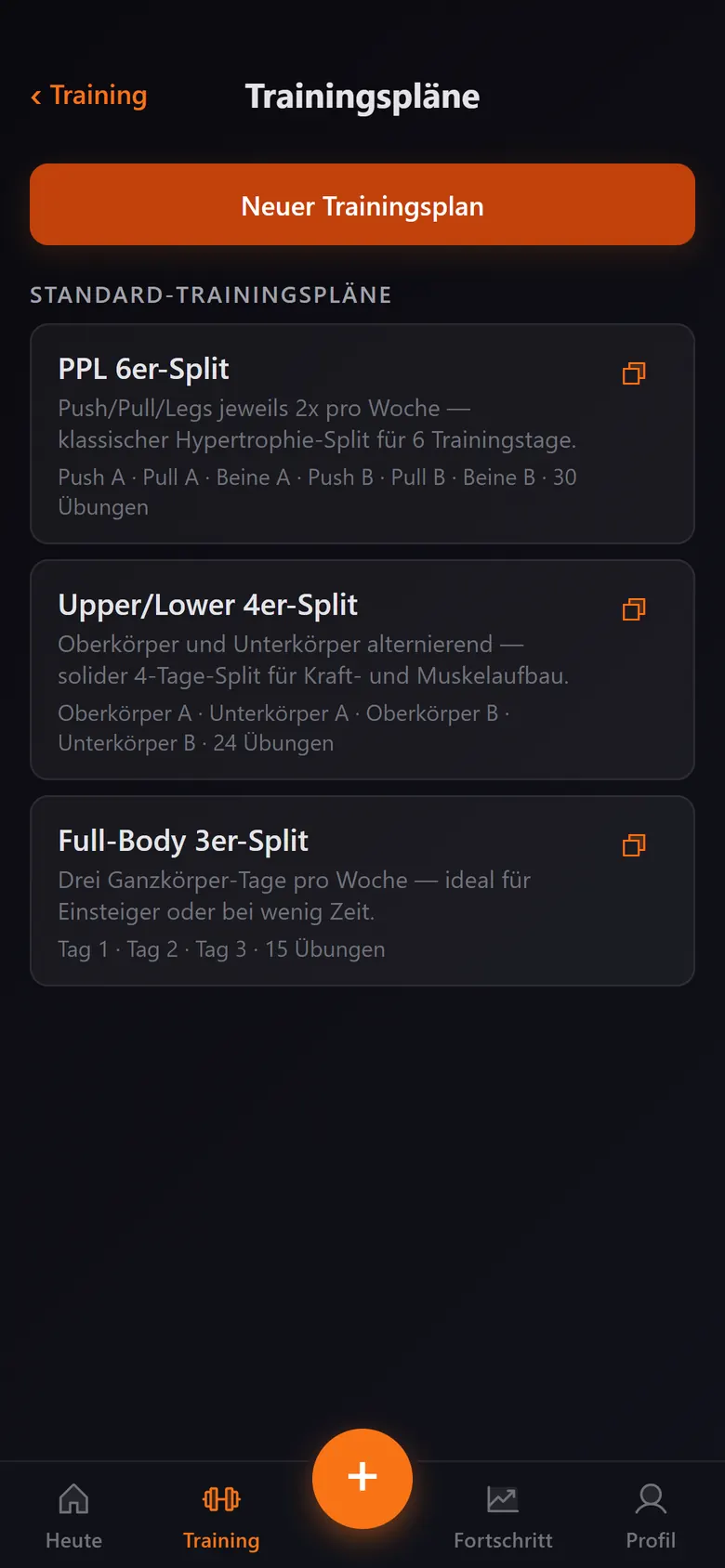 Trainingsplan-Builder mit eigenen Plänen